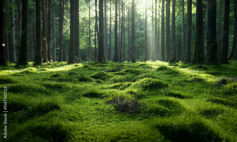 A serene forest scene with moss-covered ground illuminated by soft sunlight.