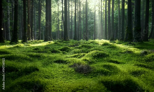 A serene forest scene with moss-covered ground illuminated by soft sunlight.