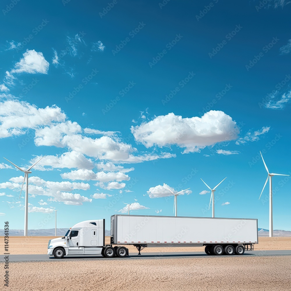 Electric semi-truck in a desert setting with wind turbines in the distance Electric semi-truck in a desert setting with wind turbines in the distance