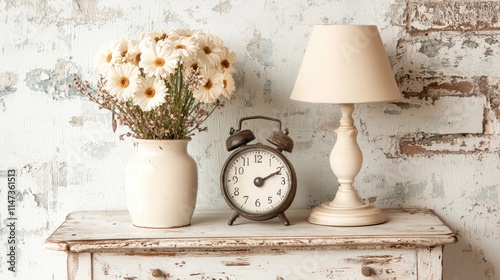 Vintage alarm clock, flowers in vase, lamp on rustic table.