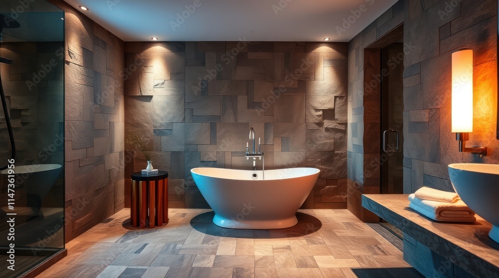 Modern Bathroom With Freestanding Tub And Stone Walls Modern Bathroom With Freestanding Tub And Stone Walls
