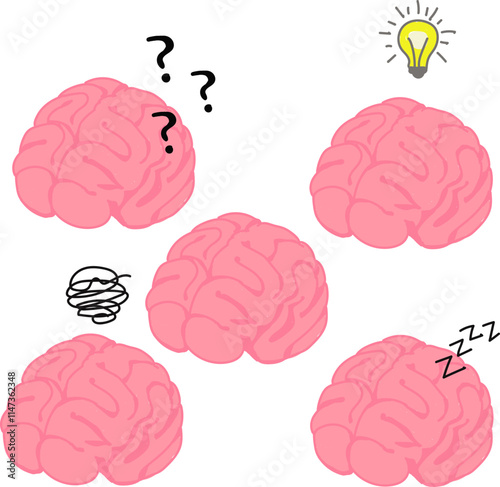 Brain expression collection when human got ideas, thinking and questioning, confused and sleep. Vector Illustration element. 