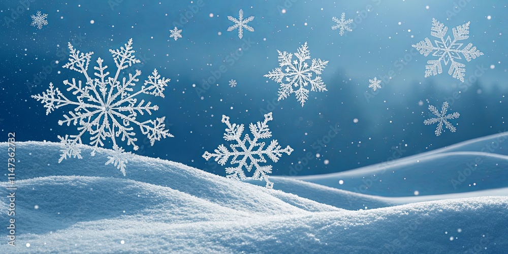 A snowy landscape with snowflakes falling from the sky A snowy landscape with snowflakes falling from the sky