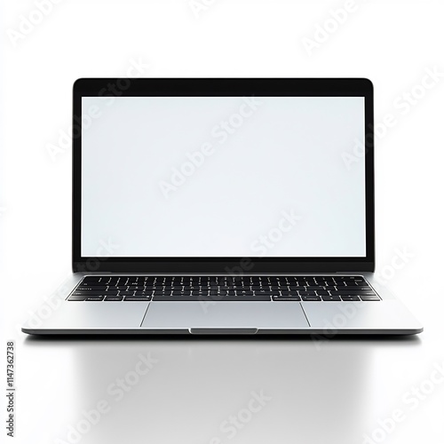 Modern ultrathin laptop with a glowing white screen viewed headon isolated on a white background ar 169 photo