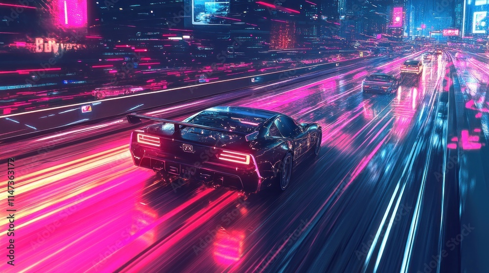 Futuristic car speeding on neon city highway at night. Futuristic car speeding on neon city highway at night.