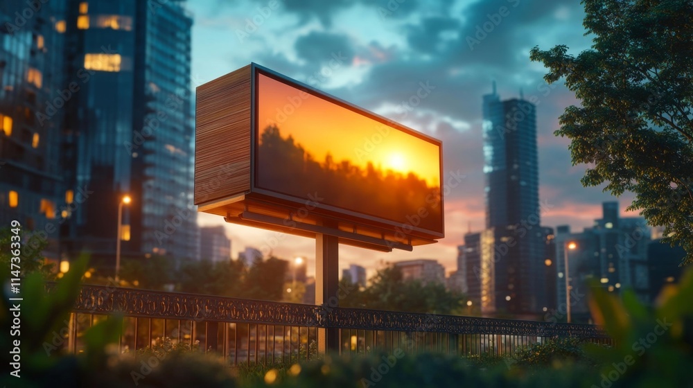 Urban Billboard Mockup at Dusk with City Lights. Generative AI Urban Billboard Mockup at Dusk with City Lights. Generative AI