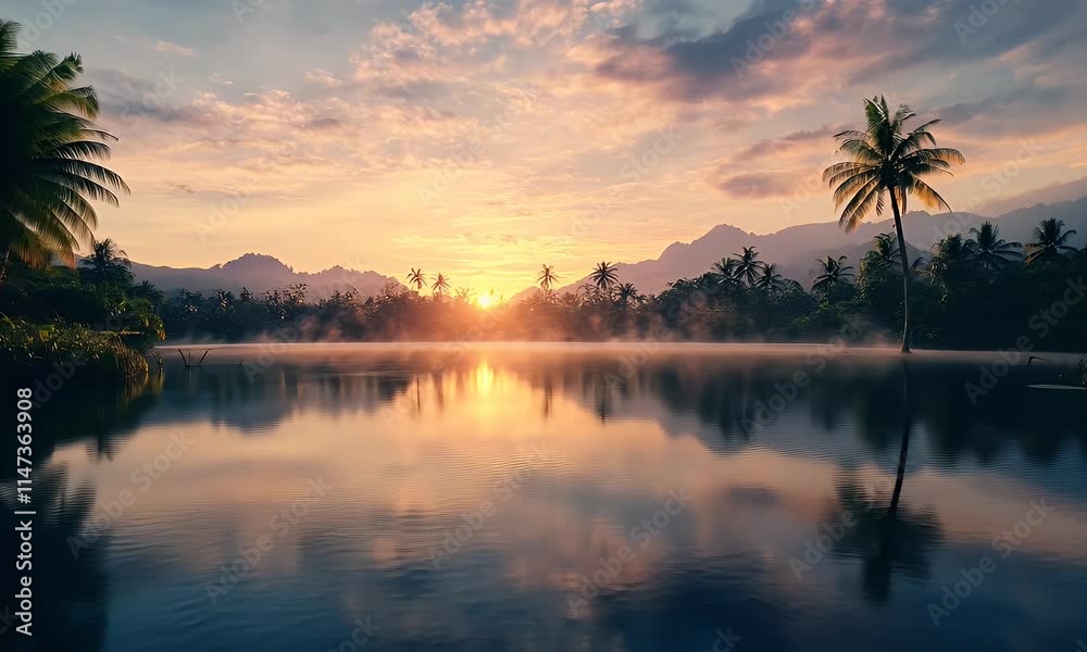 Serene sunset over a calm lake surrounded by lush greenery and mountains. Serene sunset over a calm lake surrounded by lush greenery and mountains.