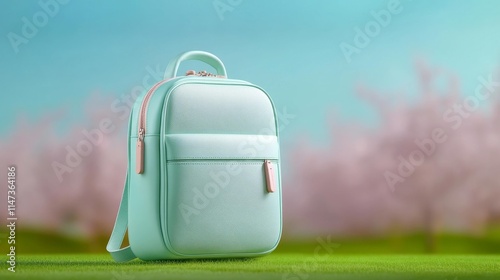 Pastel Backpack on Spring Grass with Cherry Blossoms. Generative AI photo