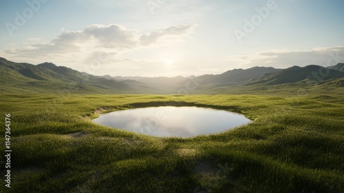 A large, empty pond sits in the middle of a vast, grassy field