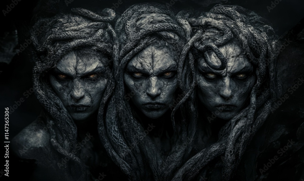 Obraz premium Three dark, serpentine figures with glowing eyes.