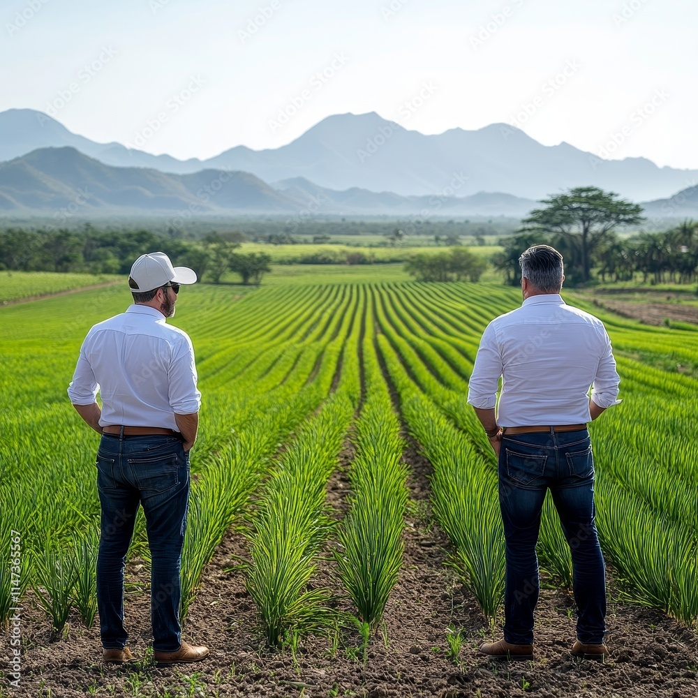 Two men standing in a field of green crops Two men standing in a field of green crops