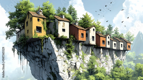Cliff Houses Perched Precariously Over a Valley with Lush Greenery