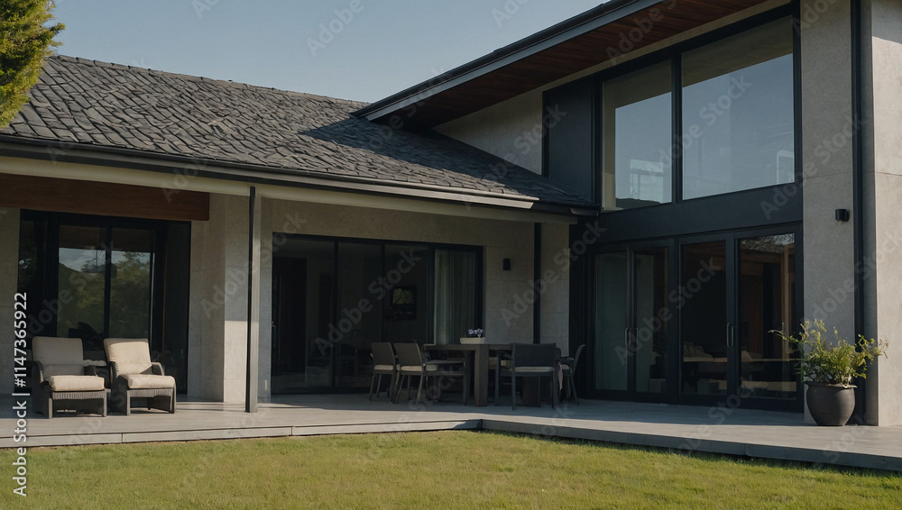 Modern house exterior with light-grey walls, dark-grey roof, and large windows. Outdoor patio furniture is visible on a paved patio. Landscaped lawn is seen in the foreground. Modern house exterior with light-grey walls, dark-grey roof, and large windows. Outdoor patio furniture is visible on a paved patio. Landscaped lawn is seen in the foreground.