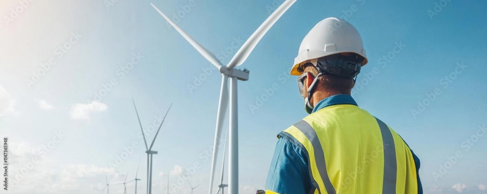 A wind farm with engineers in safety gear inspecting turbines, representing ESG and renewable energy A wind farm with engineers in safety gear inspecting turbines, representing ESG and renewable energy