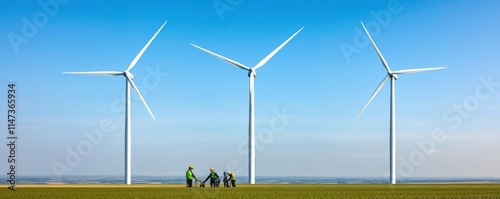 A wind farm with engineers in safety gear inspecting turbines, representing ESG and renewable energy