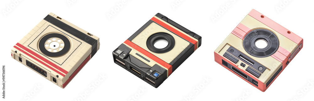 Fototapeta premium Retro Cassette Tapes in Vintage Style Design Isolated on transparent background