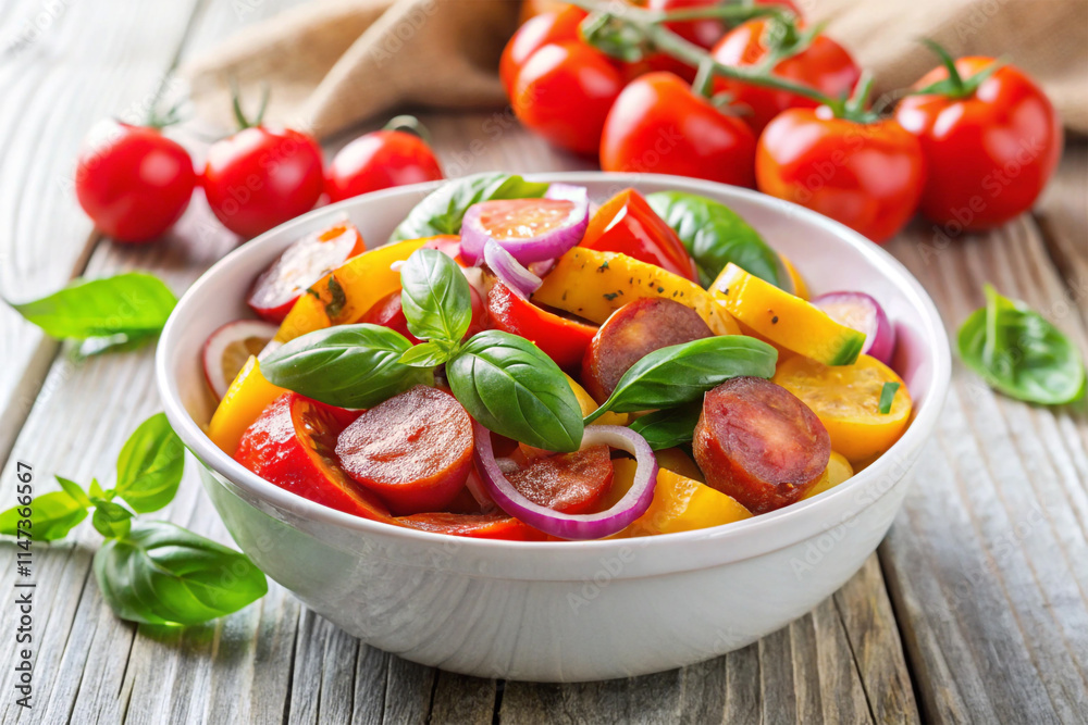 Tomato salad with spring onion and herbs in white bow Tomato salad with spring onion and herbs in white bow