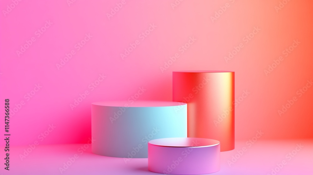 Colorful abstract display podiums with soft lighting, ideal for product presentation and modern design aesthetics. Colorful abstract display podiums with soft lighting, ideal for product presentation and modern design aesthetics.