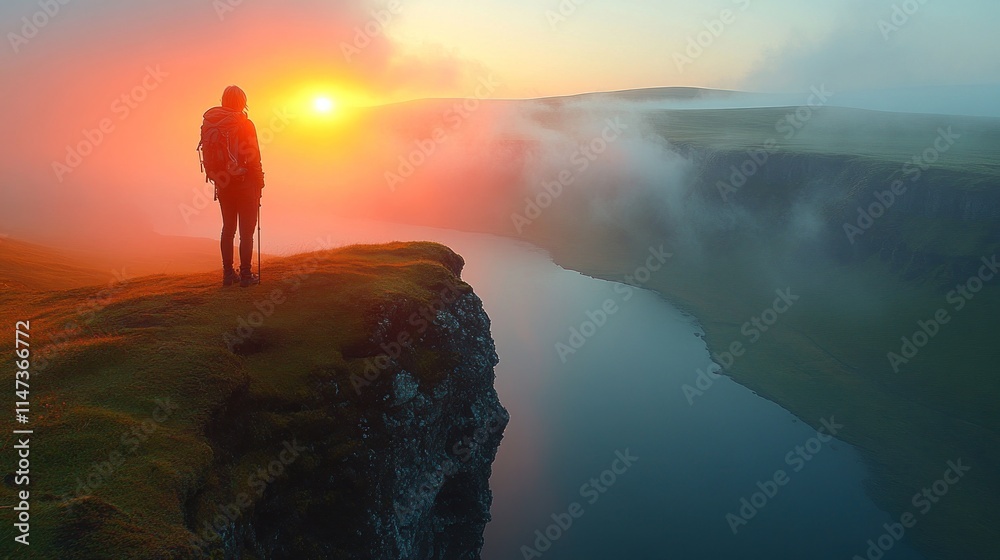 Obraz premium Hiker silhouetted at sunset overlooking misty valley.