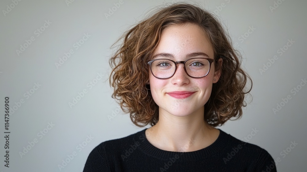 Smiling young woman with curly hair and glasses. (1) Smiling young woman with curly hair and glasses. (1)