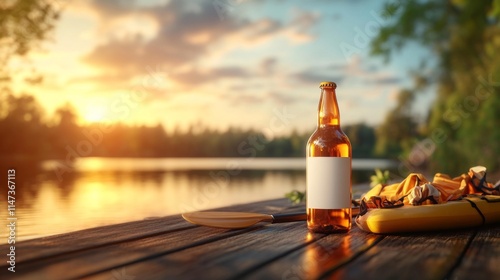 Beer Bottle with Blank Label by a Lake. Generative AI photo