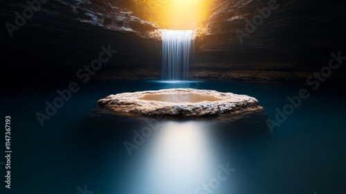 A waterfall is flowing into a small pool of water