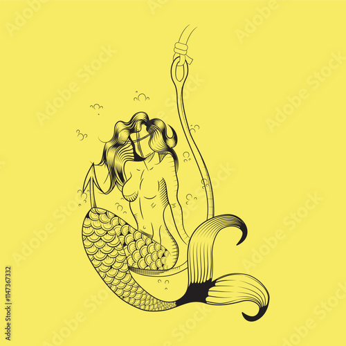 sketch style mermaid illustration sitting on a hook under the sea, just the line