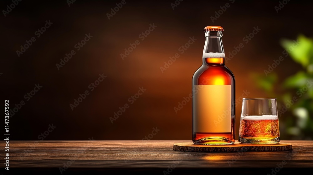 Beer Bottle Mockup on Wooden Bar Counter. Generative AI Beer Bottle Mockup on Wooden Bar Counter. Generative AI