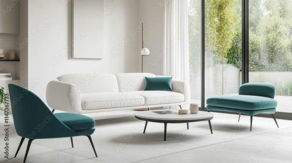 Fototapeta premium Minimalist living room with white and light teal furniture. Featuring a clean, bright layout with minimal decoration