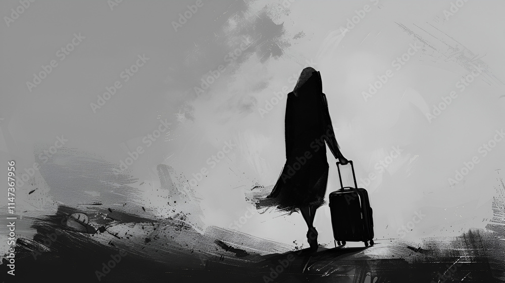 Silhouette of Exile woman going with suitcase, Generative Ai Silhouette of Exile woman going with suitcase, Generative Ai