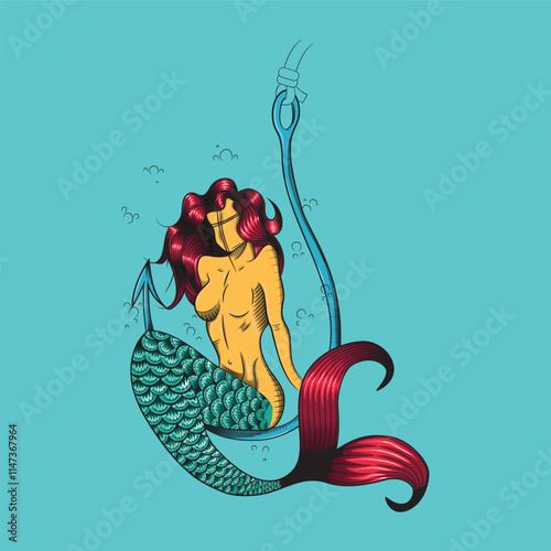 illustration of a mermaid sitting on a hook in tattoo sketch style and colorful neotrad
