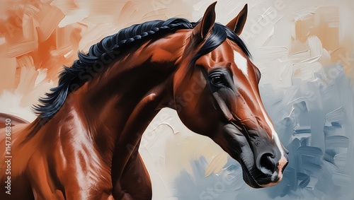 Capture the timeless beauty and strength of horses with this exquisite oil painting portrait. This piece showcases a majestic horse with detailed brushstrokes, highlighting the sheen of its coat.