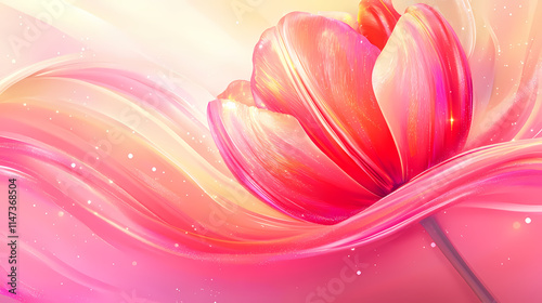 Twisted tulip, close-up, vibrant pink petals with metallic sheen, gentle light, high detail, abstract fantasy background. Petal. Illustration