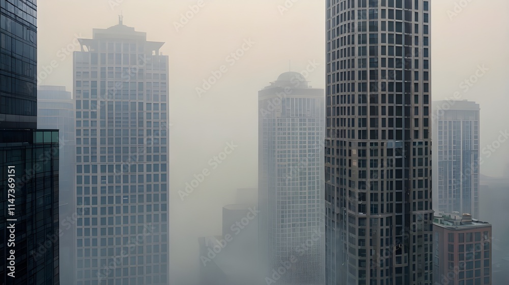 Fototapeta premium Towering skyscrapers barely visible, peeking through a thick layer of early morning fog. 