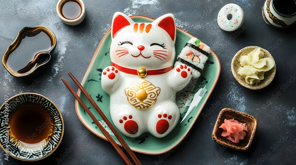 Adorable Sushi-Themed Lucky Cat Figurine with Japanese Cuisine Setup