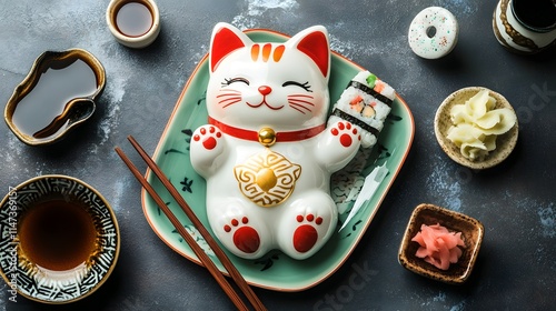 Obraz na płótnie Adorable Sushi-Themed Lucky Cat Figurine with Japanese Cuisine Setup w salonie