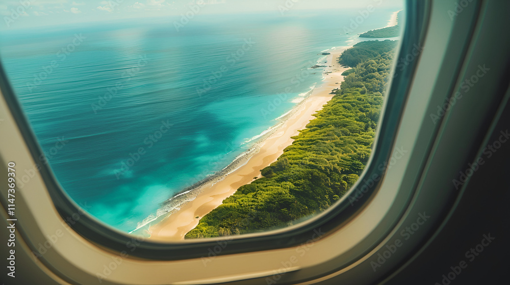 Wing of an airplane flying above the ocean, selective focus Photo, Photo of Seychelles from plane, Generative Ai Wing of an airplane flying above the ocean, selective focus Photo, Photo of Seychelles from plane, Generative Ai