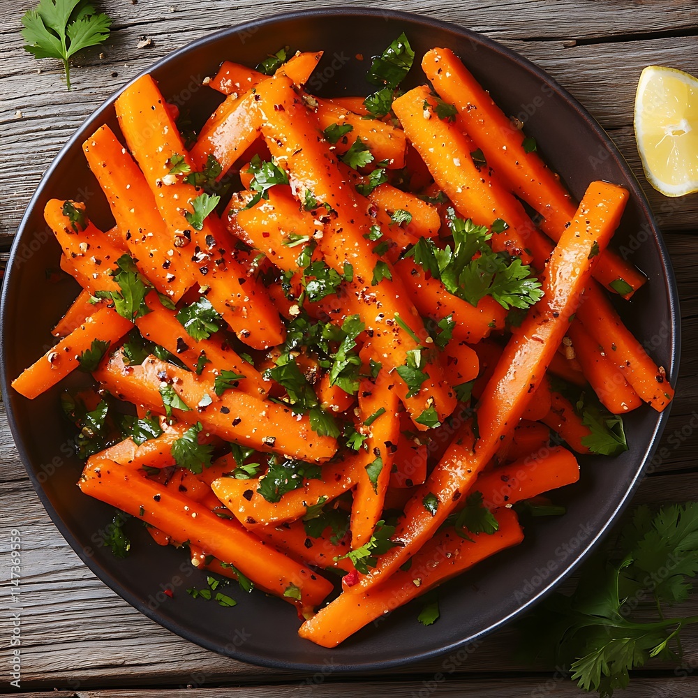 Carrot salad with parsley on a plate, wooden background Carrot salad with parsley on a plate, wooden background