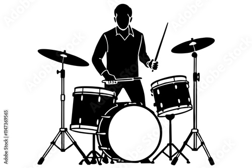A drummer playing drums vector silhouette on white background
