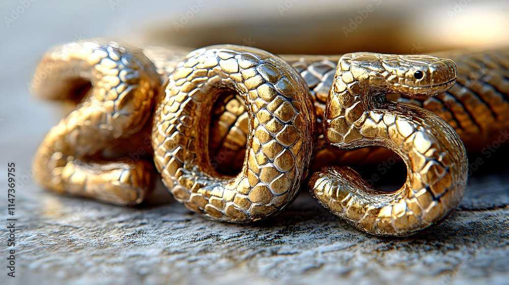 Golden Snake Figure Forms 205 Number, Symbolizing Future Dates with Scales Golden Snake Figure Forms 205 Number, Symbolizing Future Dates with Scales