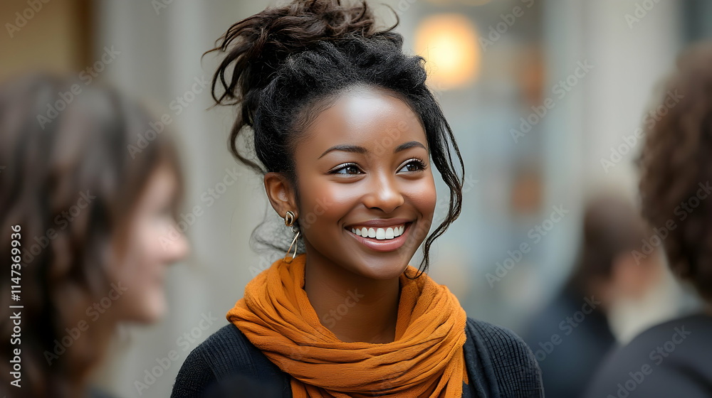 Woman Smiles Brightly While Wearing Orange Scarf Woman Smiles Brightly While Wearing Orange Scarf