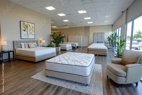 Modern mattress showroom with various beds. Showcase of high-quality mattresses for optimal sleep. photo