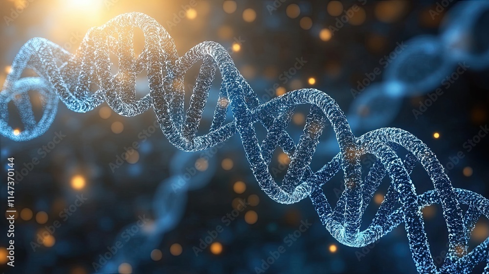 Obraz premium Abstract representation of a DNA double helix structure illuminated with light effects in a scientific background