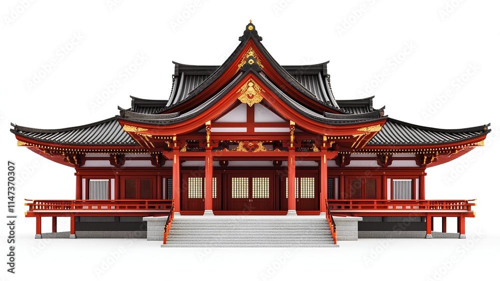 Obraz premium Traditional Japanese Shinto Shrine - Elegant Architecture Isolated on White Background