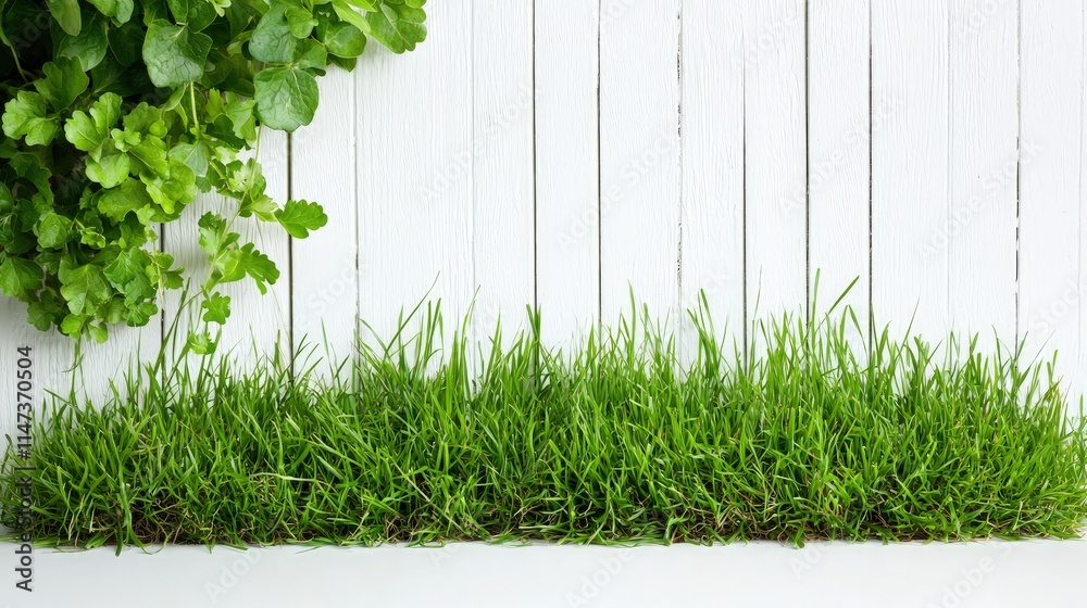 Fresh green grass by white wooden fence. Fresh green grass by white wooden fence.