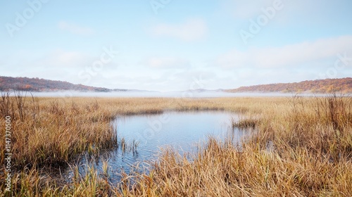 Misty autumn lake with reeds.