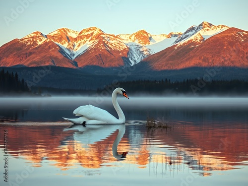 there is a swan that is floating in the water with mountains in the background. photo