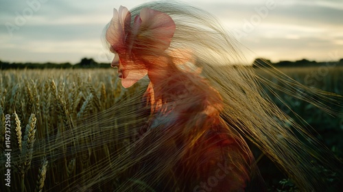 double exposure image of an orchid flower blending into a crop of economic plants like wheat or corn, symbolizing the connection between floral diversity and agricultural production. [Orchid]:[Economi photo