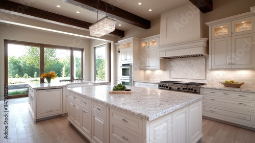 Luxurious kitchen with granite countertop, large island, white cabinets, and natural light.