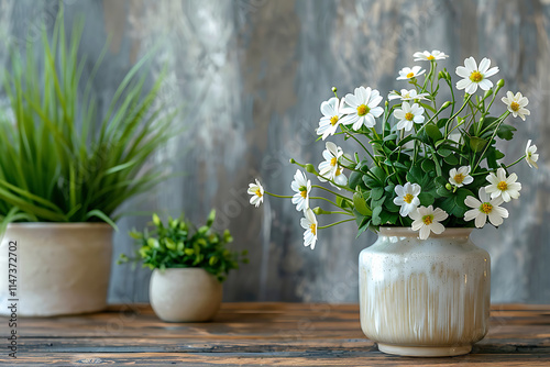 Wallpaper Mural Elegant White Wildflowers in a Ceramic Vase on Rustic Wooden Table Torontodigital.ca